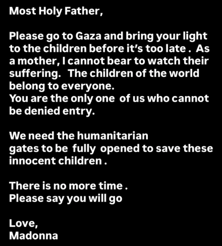 Madonna appeals to Pope Leo XIV over Gaza humanitarian crisis