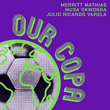 Logo for 'Our Copa' featuring a green globe with a soccer ball on a purple background and host names in the top-right corner